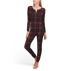 SHO SHO NWT Plaid Button Stretchy One Piece  Pajamas Holiday Christmas Festive M
